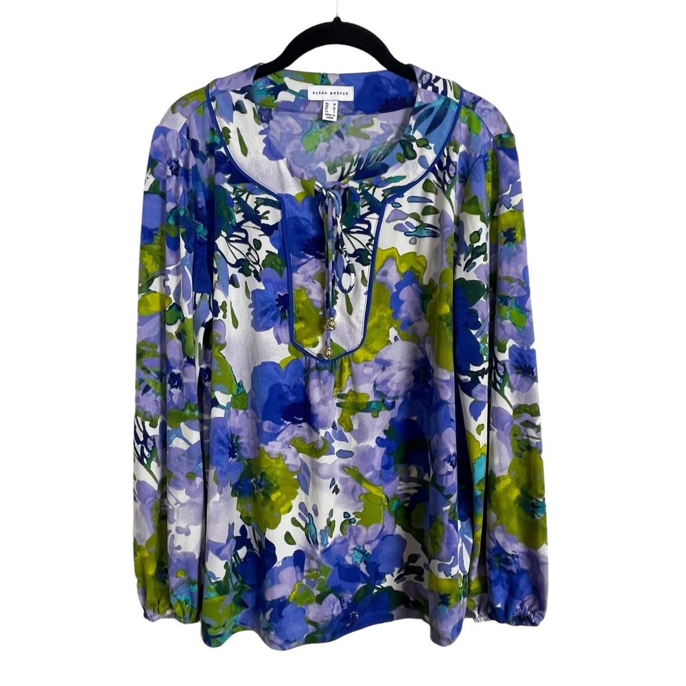 Susan Graver Blouse Size M Floral Lace Up Top Green Blue White Boho Casual Work